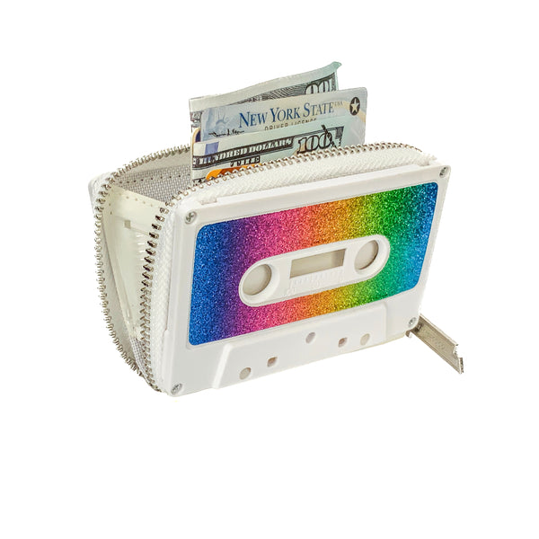 Retro Cassette Tape Wallet | White Matte RAINBOW Glitter