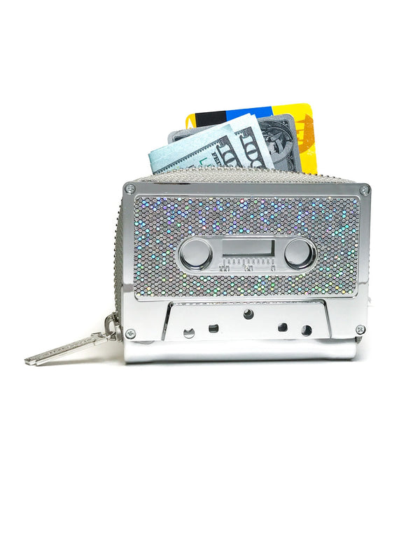 70278: Retro Cassette Tape Wallet |**PRESTICKERED Silver Chrome GLAM GLITTER
