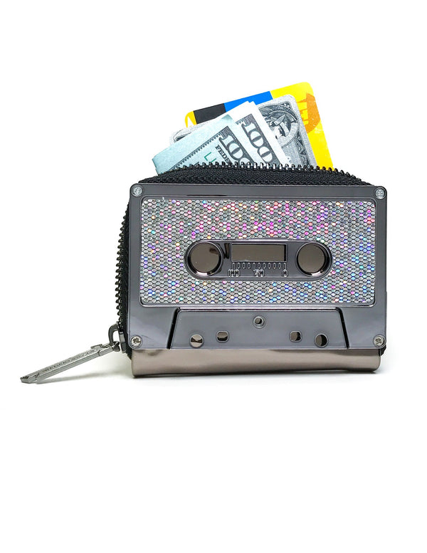 70283: Retro Cassette Tape Wallet |**PRESTICKERED Pewter Chrome GLAM GLITTER