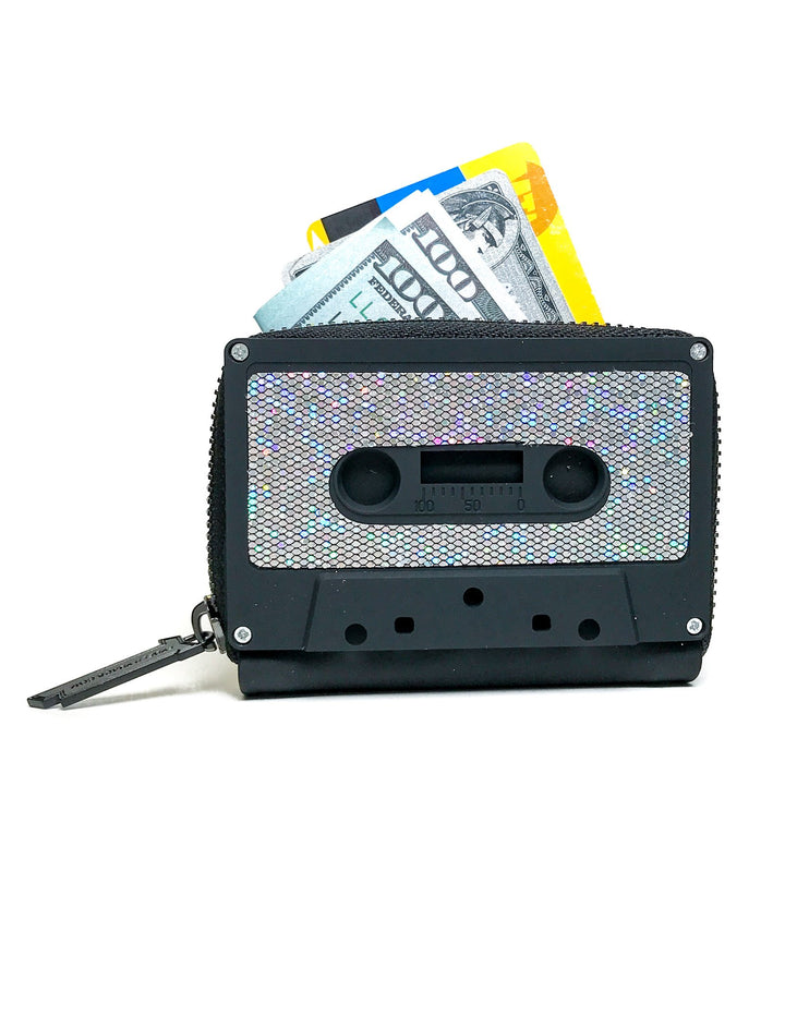 70290: Retro Cassette Tape Wallet |**PRESTICKERED Black Matte GLAM GLITTER