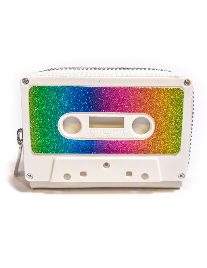 70297: Retro Cassette Tape Wallet |**PRESTICKERED White Matte RAINBOW Glitter