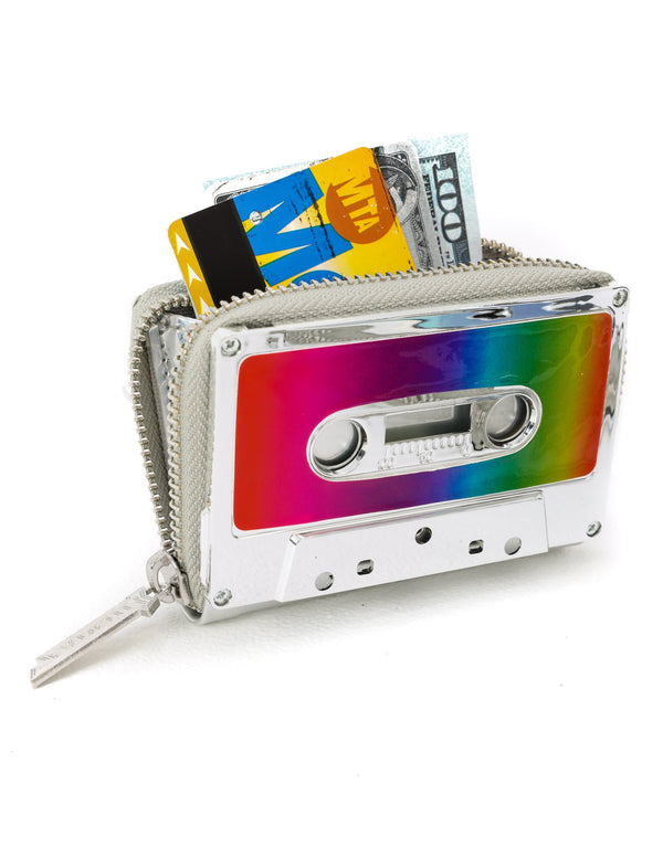 70299: Retro Cassette Tape Wallet |**PRESTICKERED Silver Chrome RAINBOW Glitter